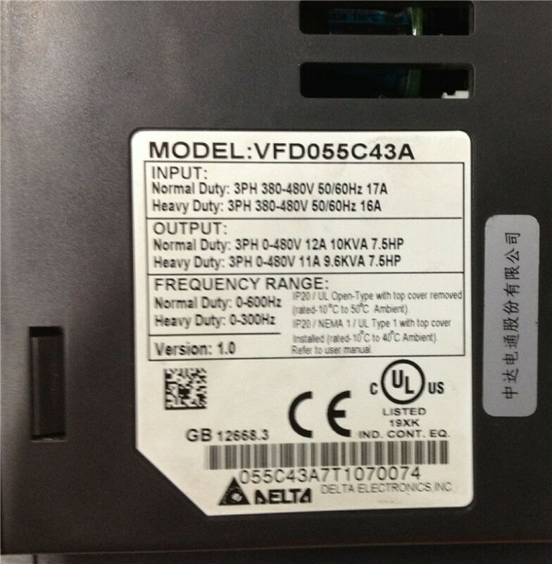 VFD055C43A DELTA VFD Inverter Frequency converter 5.5kw 7.5HP 3-Phase AC380-480V - zum Schließen ins Bild klicken