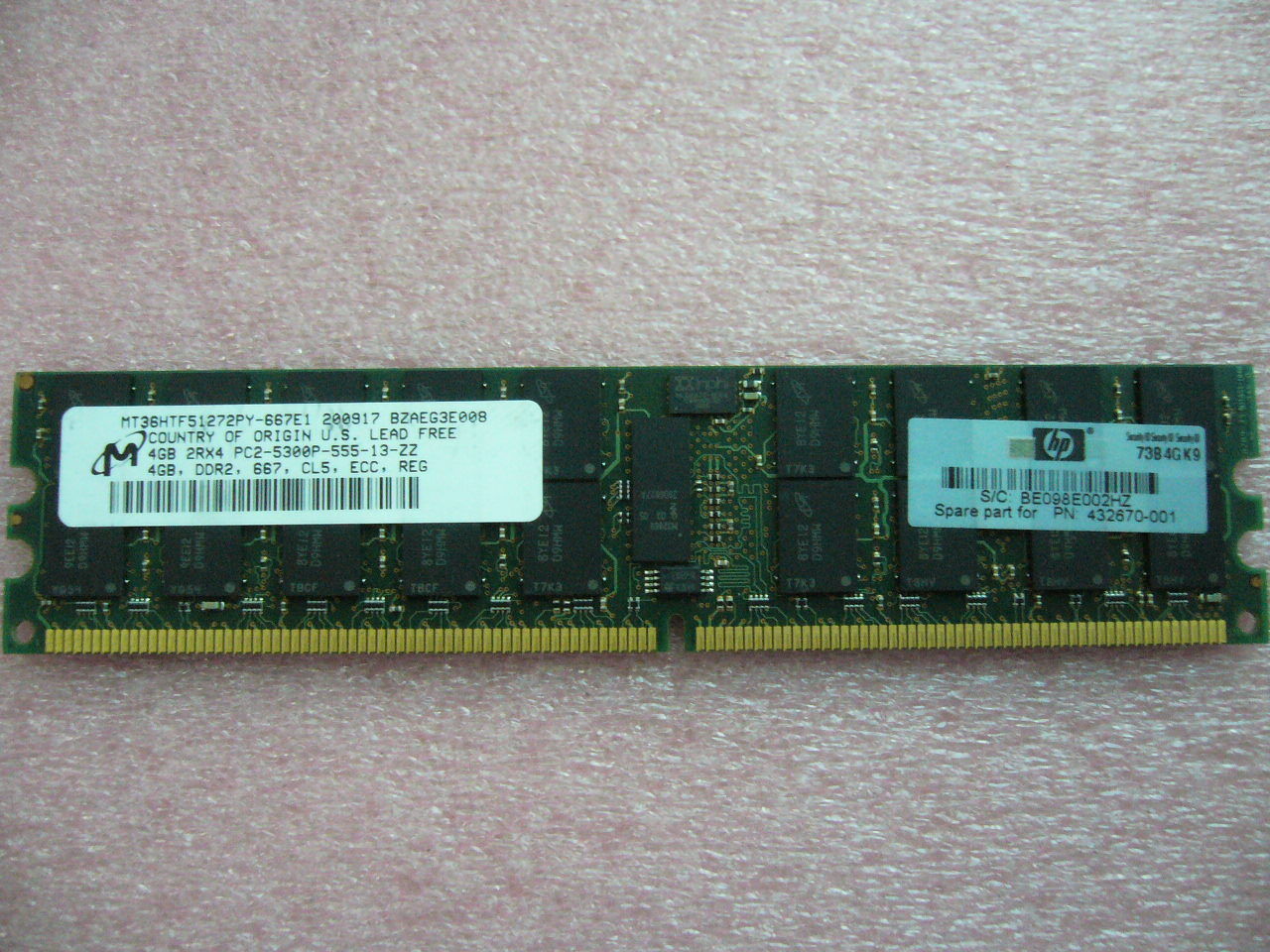 QTY 1x 4GB PC2-5300P 2Rx4 DDR2 667MHz ECC Registered Memory HP P/N 432670-001