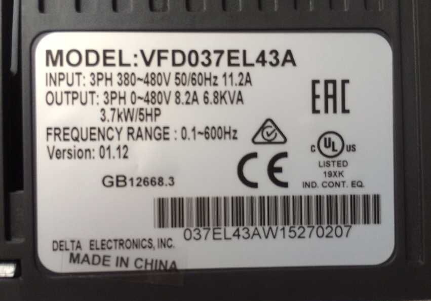 VFD037EL43A DELTA VFD Inverter Frequency converter 3.7KW 5HP 3PHASE 380V - Click Image to Close