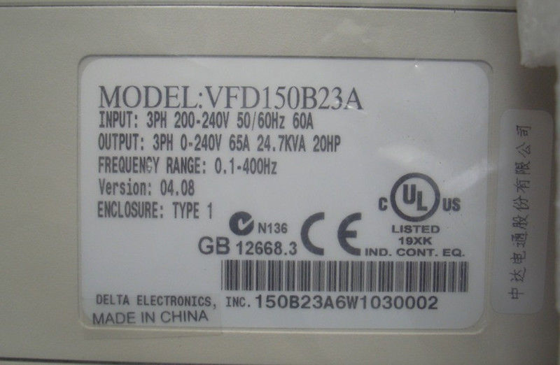 VFD150B23A DELTA VFD Inverter Frequency converter 15kw 20HP 3 PHASE 220V - zum Schließen ins Bild klicken